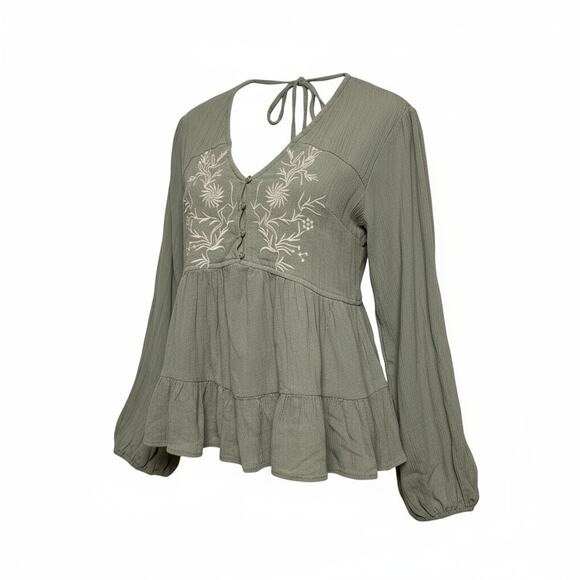 Japna Sage Green Floral Embroidery Ruffled Blouse Size Small - Picture 2 of 8